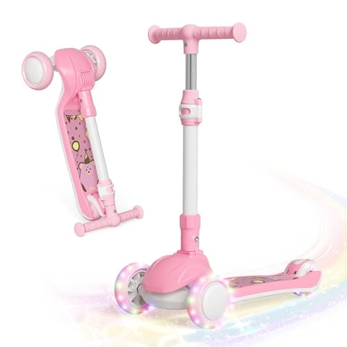 Kick Scooter Kids with LED Lighted Wheels and 3 Adjustable Height, Lean-to-Steer & Widen Anti-Slip Deck, 3 Wheel Scooter for Boys & Girls Up to 110 Lbs