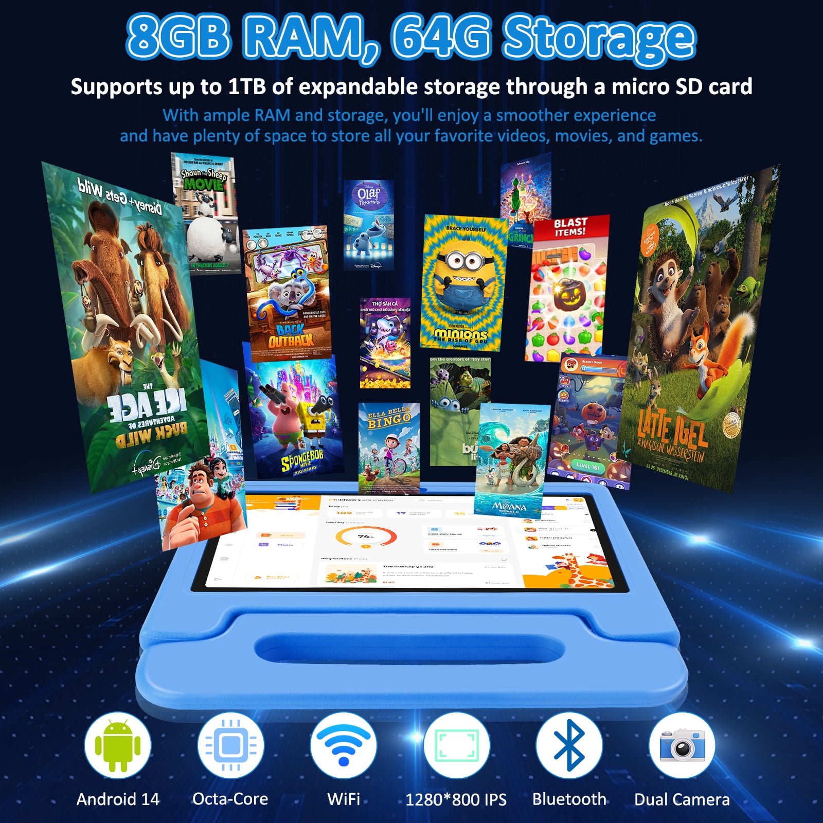 Kids Tablet, 10.1 inch Tablet for Kids IPS HD Screen RAM 4GB 64GB Storage, J10 Pro Toddler Tablet with Protective case - Blue