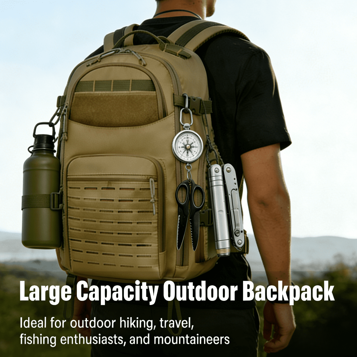 15.6 Inch Laptop Backpack - Large Capacity Outdoor Rucksack with MOLLE Webbing, Compass, Flag Patch, Survival Whistle,TYPE-C Outdoor Fire Starter (Hiking Camping Daily Commute)
