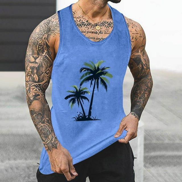 Débardeur pour Hommes, Débardeur Homme Imprimé Dégradé Incolore Col Rond Fine Bretelle Dos Fuyant Blouses de Sport Décontractées Régulières