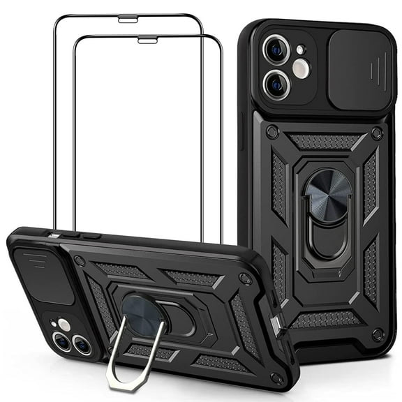 Owlwon for iPhone 11 Case with Two Tempered Screen Protectors [Slide Camera Cover & Magnetic Ring Kickstand] , Shockproof Rugged Heavy Duty for Apple 11 Phone case.