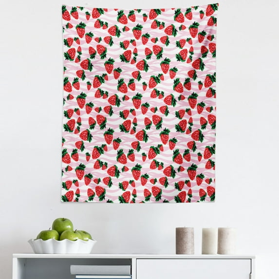 Strawberry Tapestry, Hand-Drawn Watercolor Pattern Strawberries in Different Sizes, Fabric Wall Hanging Decor for Bedroom Living Room Dorm, 5 Sizes, Dark Coral Pale Pink, by Ambesonne