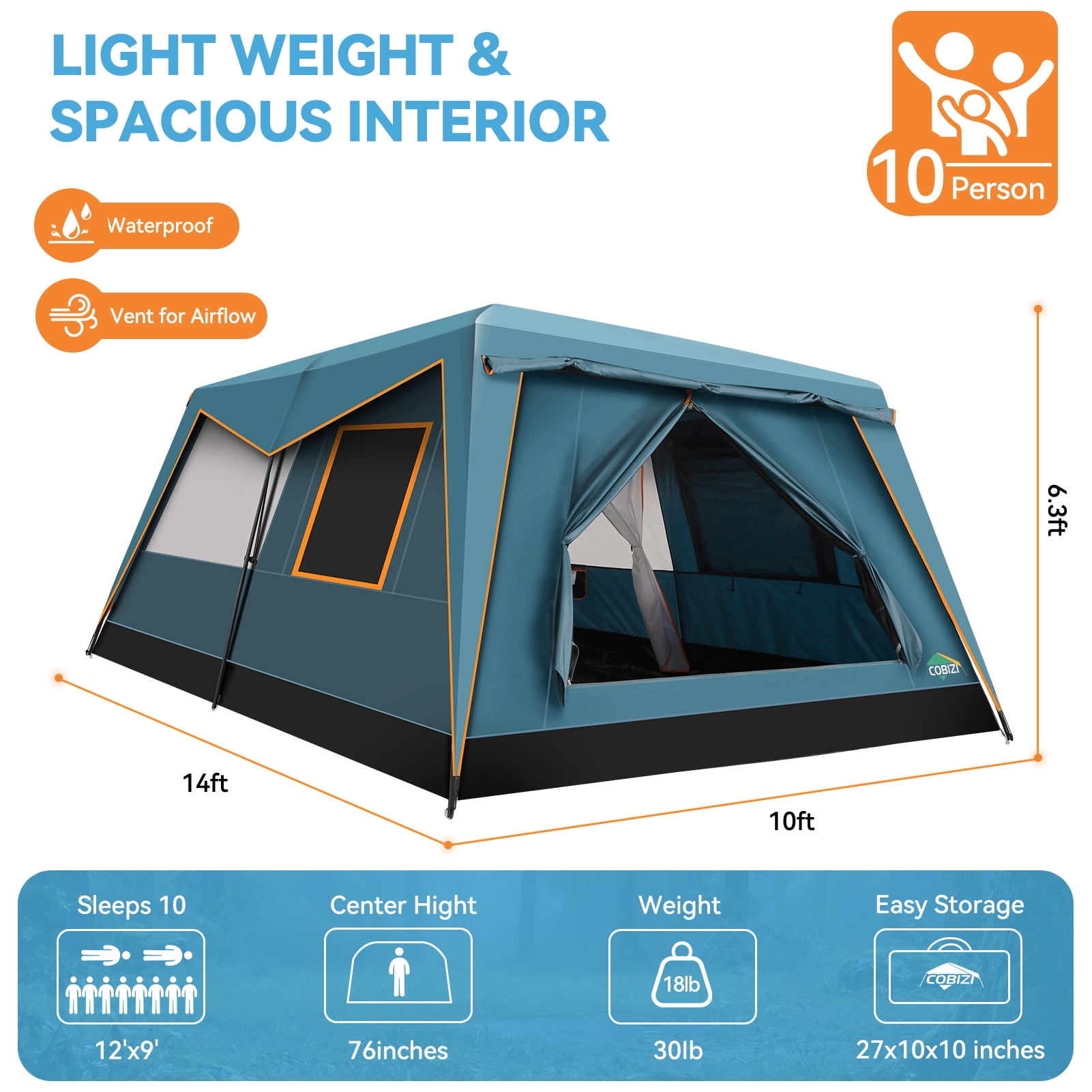 HOTEEL 10 Person Camping Tent, Easy Setup Waterproof Windproof Backpacking Tent with Removable Rainfly, Lightweight Portable Outdoor Family Tents for Camping, Travel, Fishing, Hiking, Blue
