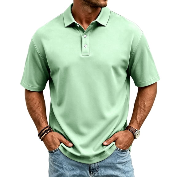 Dwelliawo Men's Polo Shirts 3 Buttons Casual Work T Shirts Quick Dry Short Sleeve Golf Shirt Pique Jersey Outdoor Performance Light Green L