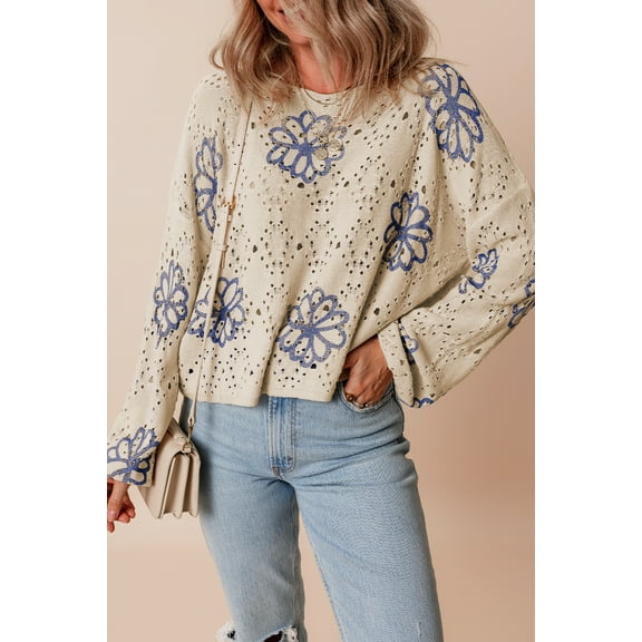 Ahlaray Elegant Beige Flower Print Sweater - Casual Chic Drop Shoulder
