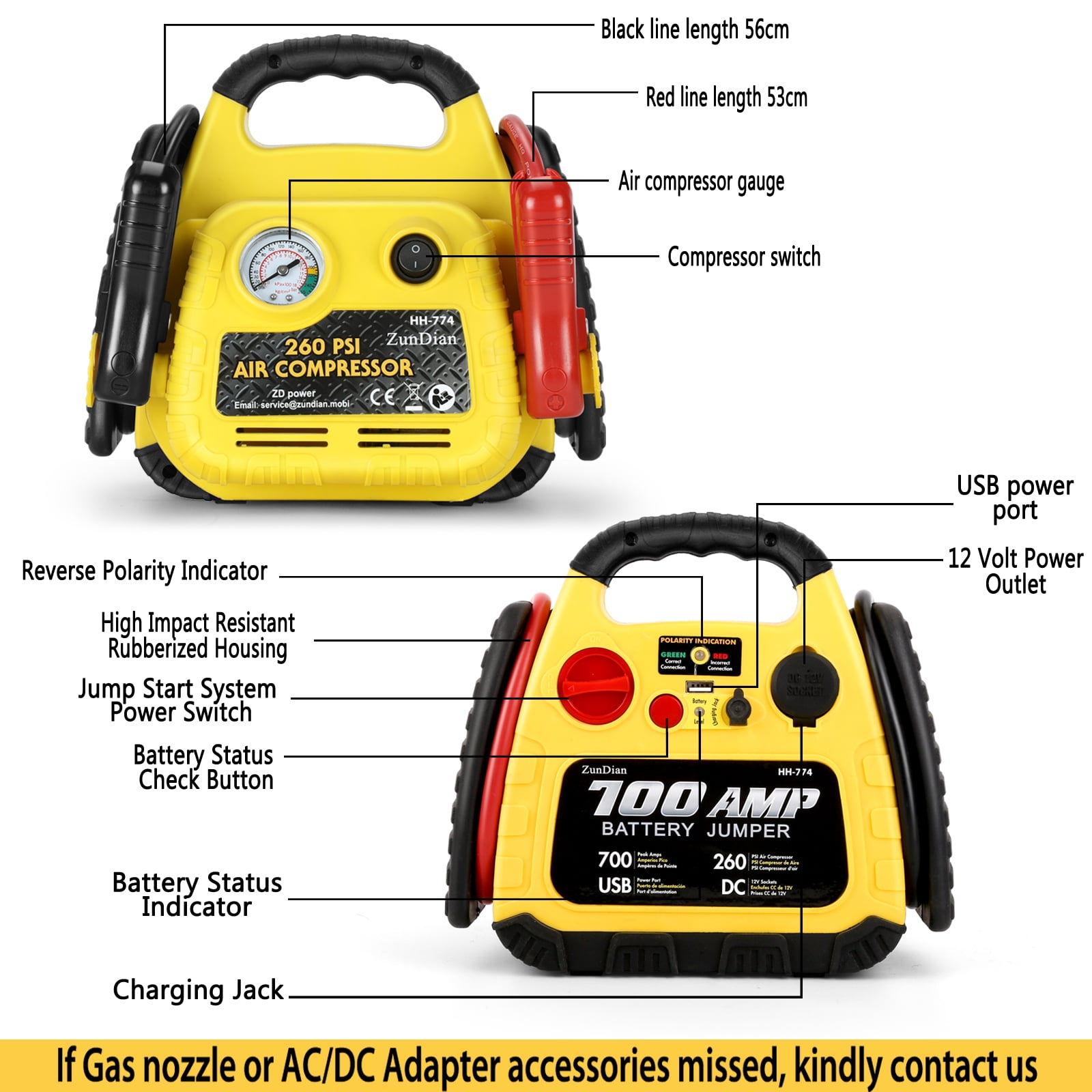 ZunDian 1500A Car Jump Starter with Digital Tire Inflator and USB Ports