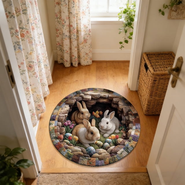 3D Visual Easter Rug 40*40, Custom Easter Bunny Round Rug Personalized 3D Effect Easter Day Carpet Non Washable Bunny Area Rug for Living Room Bedroom Birthday Indoor Home Decor Spring Day