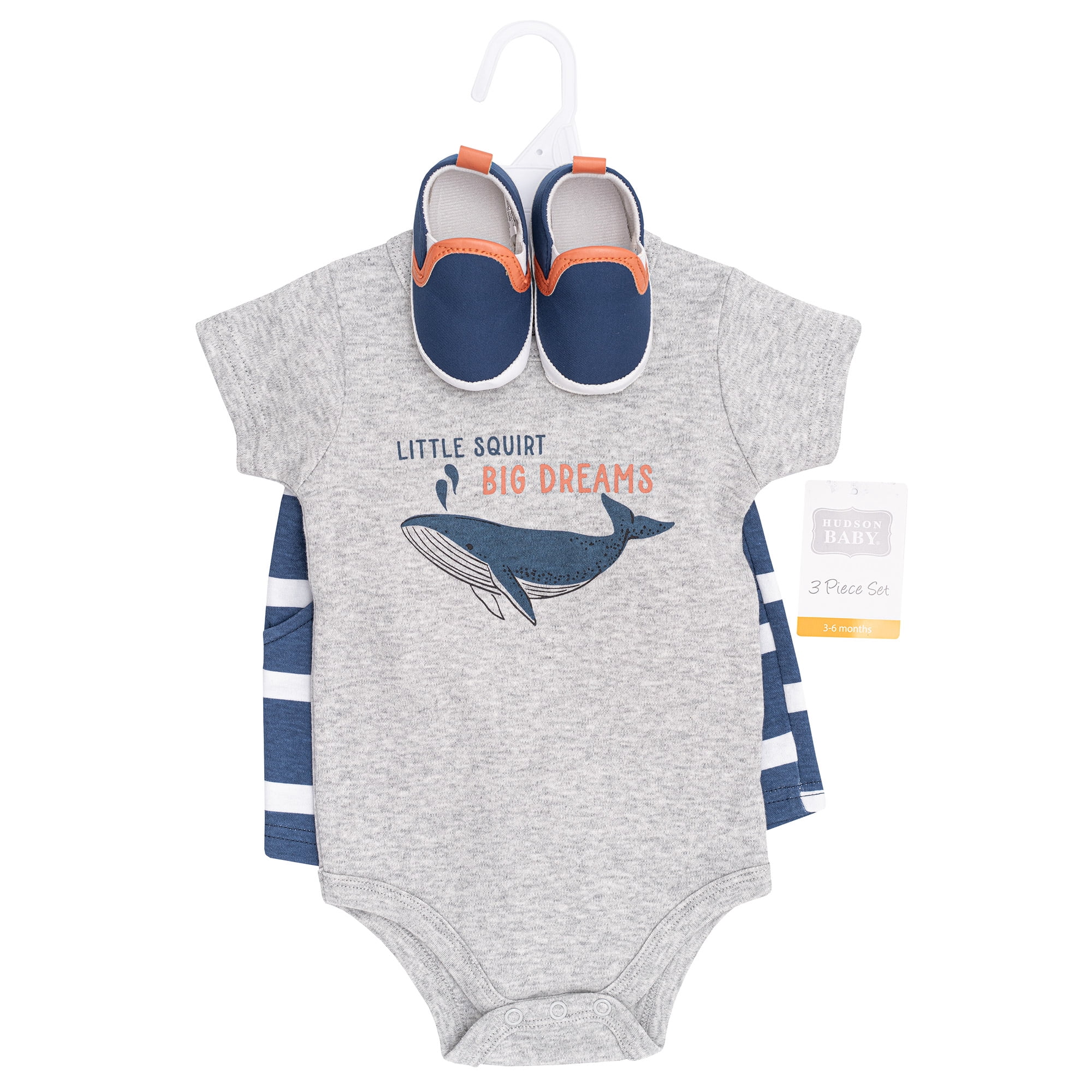 Hudson Baby Boy Cotton Bodysuit, Shorts and Shoe Set, Big Dreams Whale, 0-3 Months