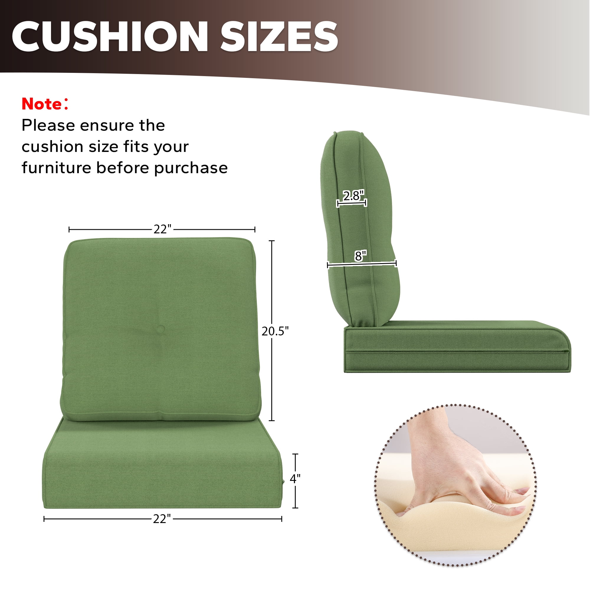 4 Inch Outdoor Cushions, Suitable for Patio Furniture, Water-Resistant & Fade-Resistant, 5 Sets, Green