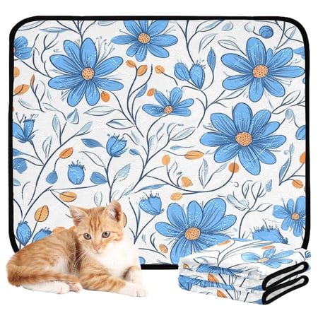 Washable Pet Pee Pads with Super Absorbent Reusable Training Pads for Dogs & Cats Blue Flowers with Orange Accents