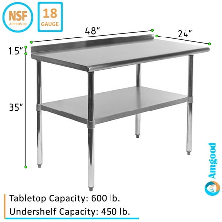 

AmGood 48 Long x 24 Deep Stainless Steel Work Table with 1.5 Backsplash | Metal Kitchen Food Prep Table | NSF…
