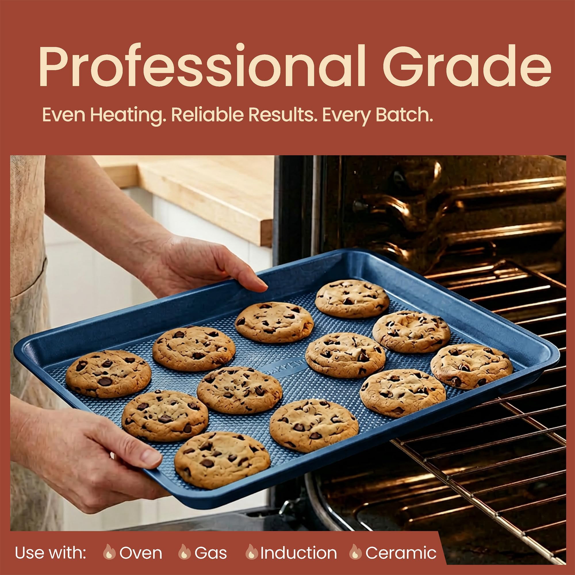 BAKKEN Baking Pans - Nonstick Blue Coating, 13.58’’ × 9.65’’ Commercial Grade Carbon Steel Cookie Sheet, Diamond Texture Bottom, Oven Safe 450°F