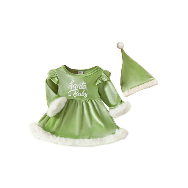 Diconna Costume de Noël pour Fille Bébé, Tenue de Père Noël, Couleur Contrastée, Manches Longues, Col Rond, Robe Trapèze, Barboteuse + Chapeau