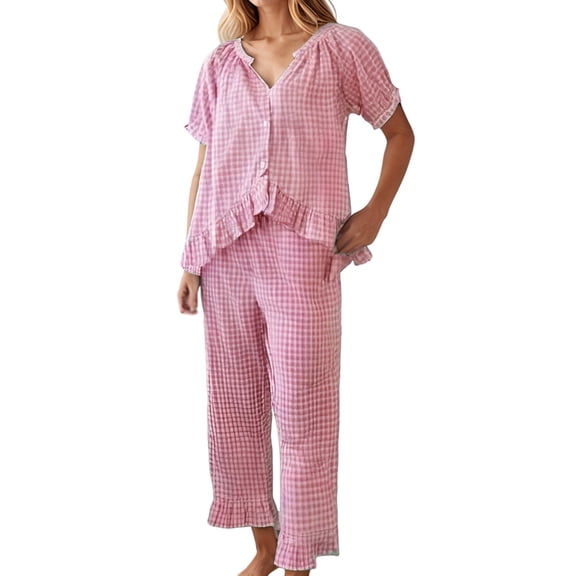 IWRICH Pajama Set for Women 2 Piece Plaid Short Sleeve Pjs Cute Ruffle Sleepwear Pajamas Loungewear Pink XL