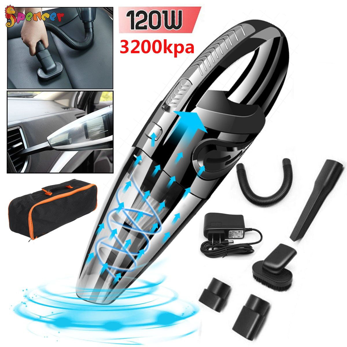 SPENCER Handheld Car Vacuum Cordless Cleaner, 120W Power Wet & Dry Auto Vacuum Cleaner USB