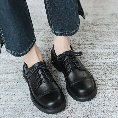 

Fashion Women Solid Color Artificial Leather Autumn Square Heels Lace Up Round Toe Leisure Shoes