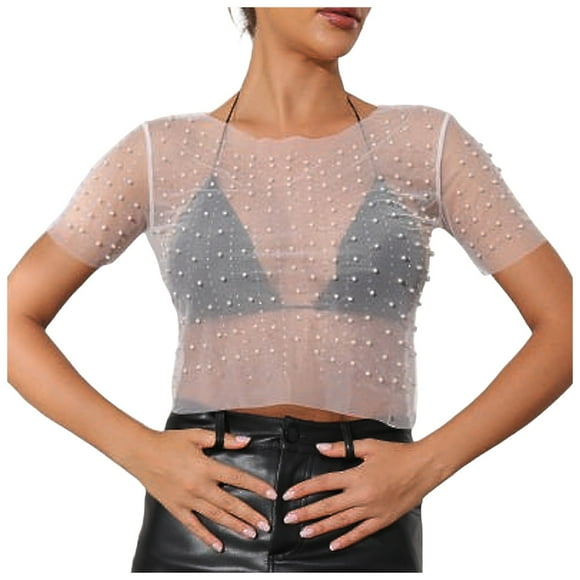 SNKSDGM Women Long Sleeve Shirts Cute Long Sleeve Crop Top Xs Women See Through Pearl Rhinestone Beaded Crop Top Long Sleeve Sheer Mesh Crop Blouse Shirt L