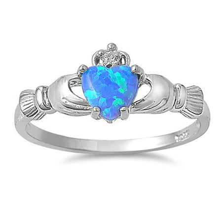 - CHOOSE YOUR COLOR Sterling Silver Women's Claddagh Friendship Blue Ring Band (Blue Simulated Opal/Ring Size 8)