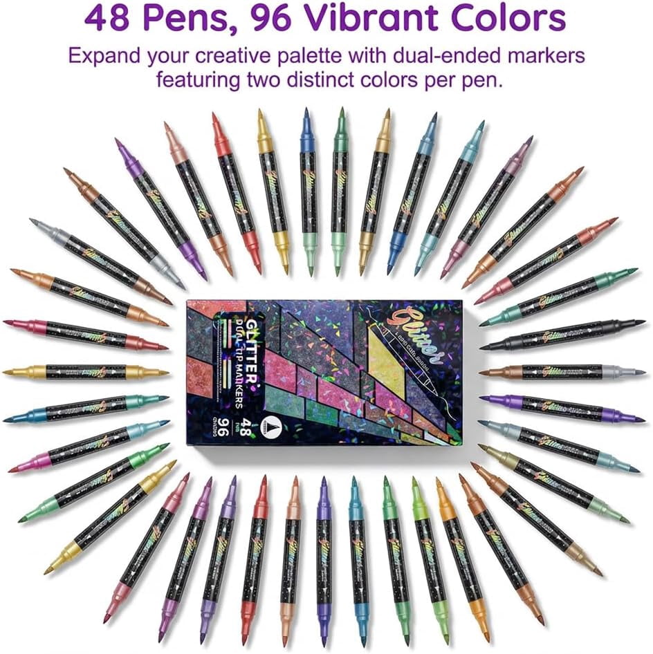 24/48/72/96 Colors Glitter Effect Brush Markers, 2026 New Glitter Dual Tip Markers, Professional Glitter Paint Pens Set for Adult Coloring Books, Journals, Card Making & DIY Crafts (24 Colors)