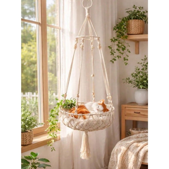 Handmade Bohemian Style Cat Hammock Set,Hanging Pet Swing Bed Set,Farmhouse Style Pet Resting Bed,Indoor Hanging Cat Seat,Decorative Hanging Cat Bed,All Seasons,Easy To Install(Mat Not Included)