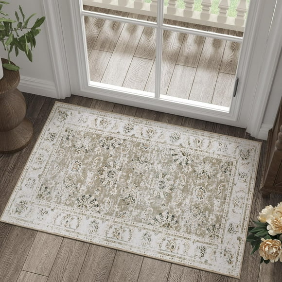 RUGKING Area Rug 2x3 Door Mat Indoor Non-Slip Foldable Vintage Carpet Floral Print Small Rug for Kitchen Entrance Bathroom Bedroom Living Room Taupe