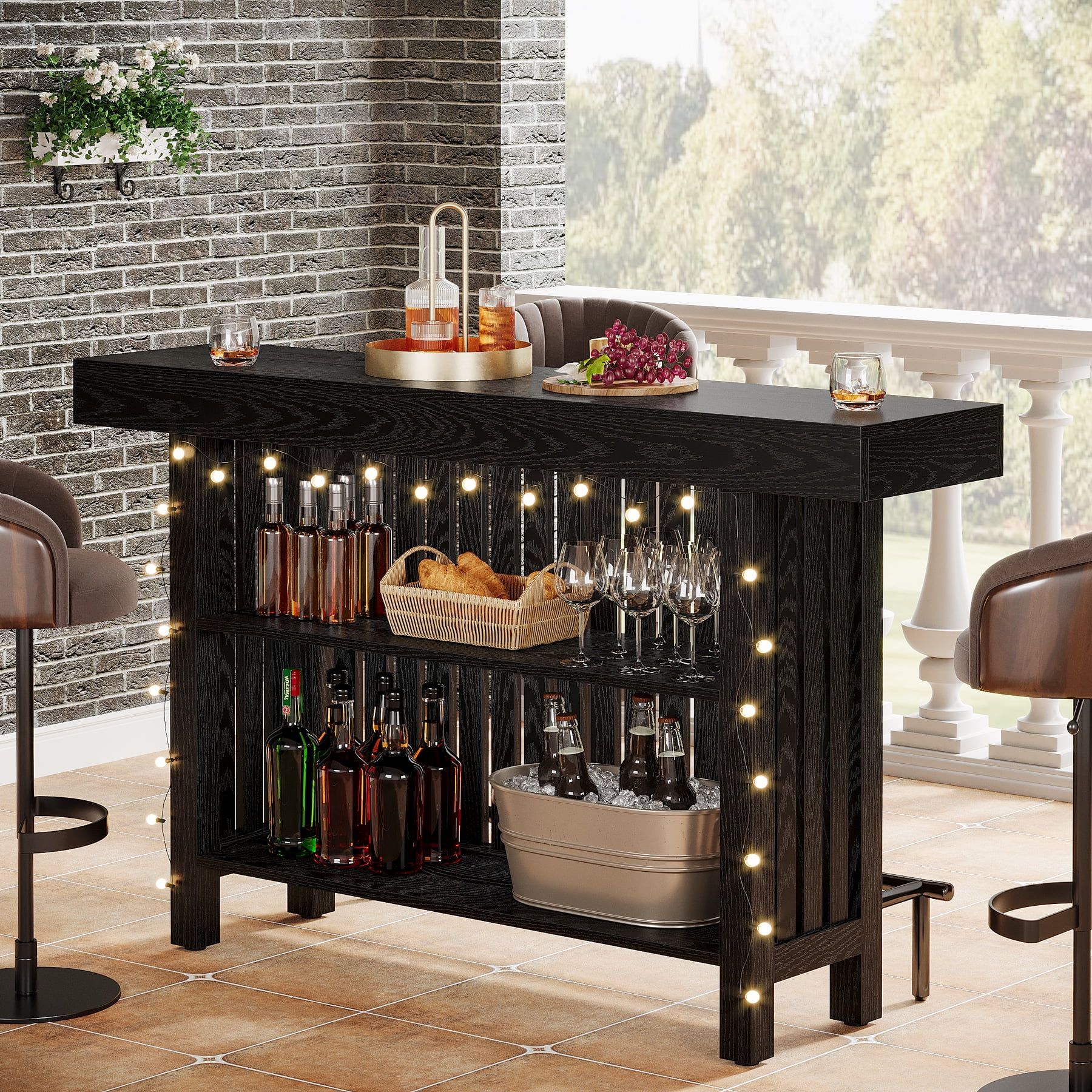 Tribesigns Home Bar Unit, Modern 2-Tier Bar Table with Footrest, Corner Mini Coffee Bar Cabinet for Home Kitchen Pub, Black