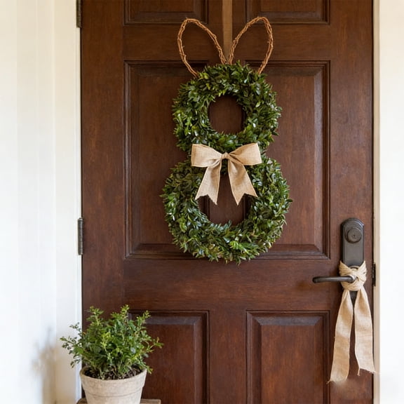 Easter Bunny Ear Wreath - Green Leaf Bow Accent Front Door Hanging Wreath, Lightweight Durable Design, Perfect for Window Display Easter Spring Holiday, Indoor Outdoor Home Decor, 18*10in, Green