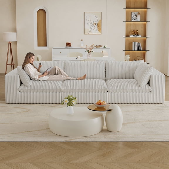 FFZ 118"L Cloud Sofa with Corduroy Fabric, Deep Seat, Removable Cushions, No, White
