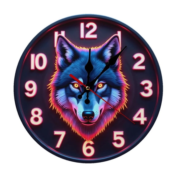 Wolf Portrait Neon Wall Clock 10 Inch Silent Non Ticking Round Clock Decoration for Living Room Kitchen Bedroom Bathroom Office Classroom