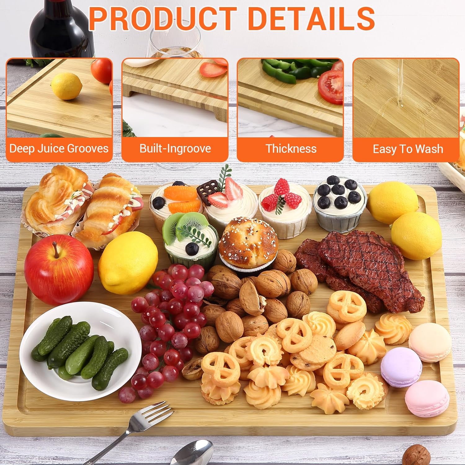 Twister.CK Large Cutting Board for Kitchen, 20 x 14 Inch Bamboo Wood Butcher Chooping Board with Juice Groove, Reversible Cheese Board Charcuterie Serving Tray