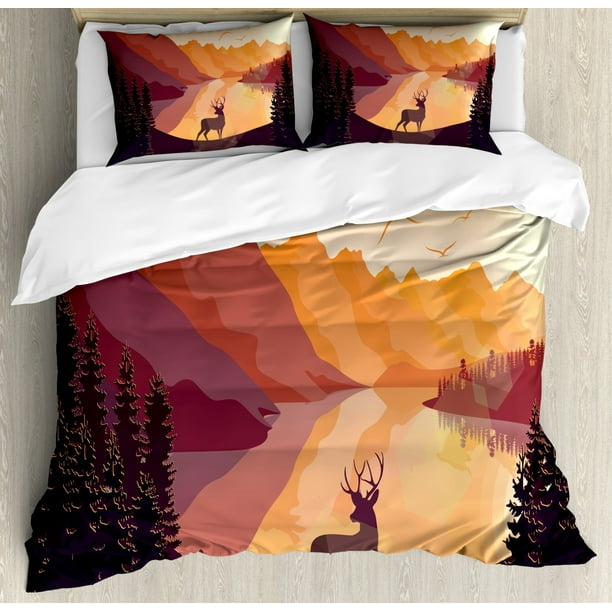 Deer Hunting Duvet Cover Set King Size, Reindeer Lake Mountains Birds