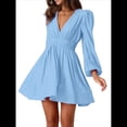 thumbnail image 3 of Vestido Mini de Larga con Escote en V Profundo para Mujer, Corte A, Cintura Alta, Informal, Fluido, Ideal para Invitadas de Boda. Azul M, 3 of 10