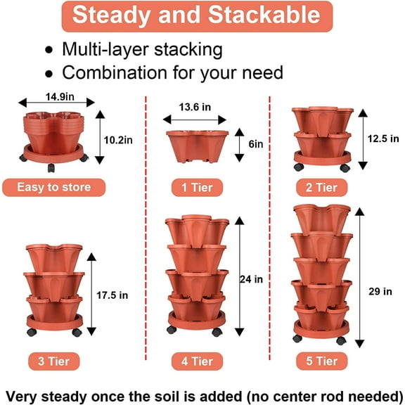 Vertical Planter 5 Tier Stackable Planters Garden Planters Strawberry Herb Flower and Vegetable Planter Indoor Outdoor Gardening Pots with Removable Wheels and Tools