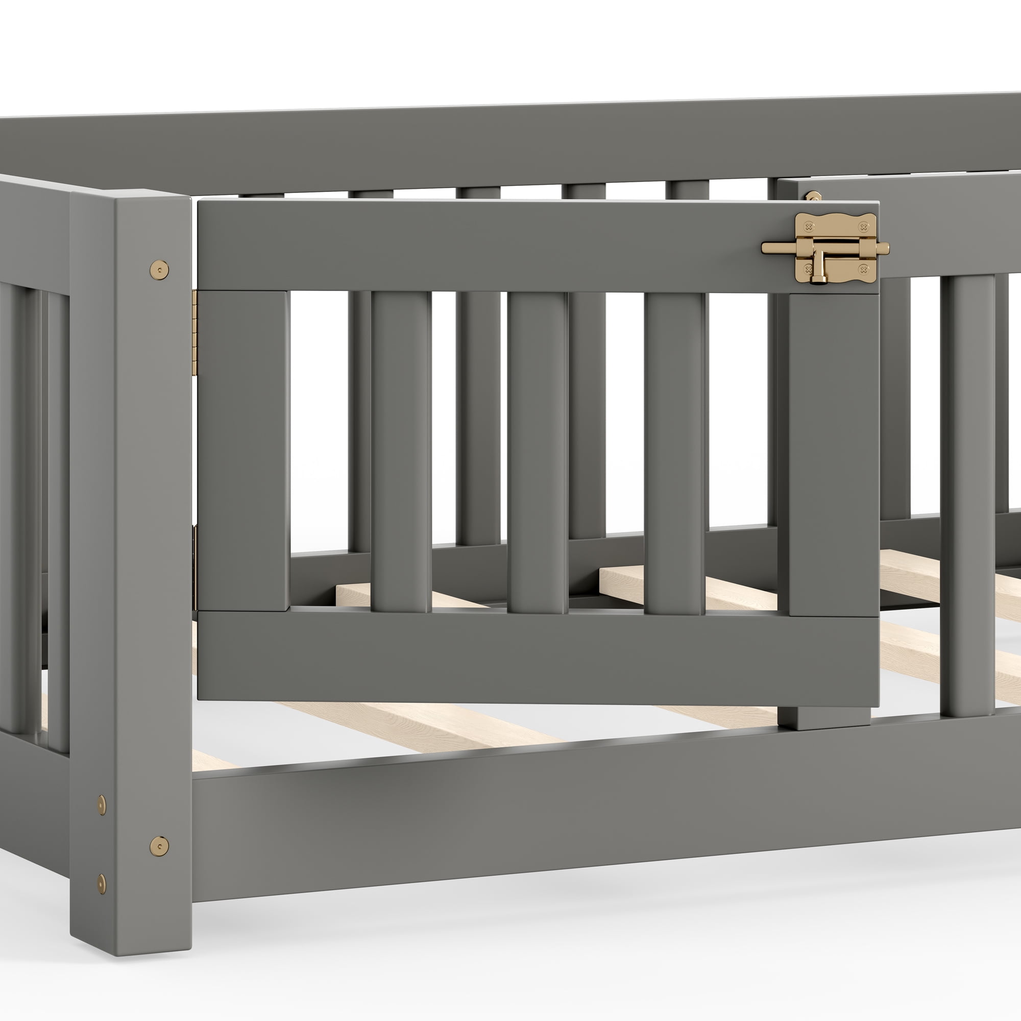 Twin Size Kids Floor Bed with Door and Full-Length Guardrails, Wood Montessori Floor Bed with Support Slats, Toddler Bed for Boys Girls, No Box Spring Needed Design