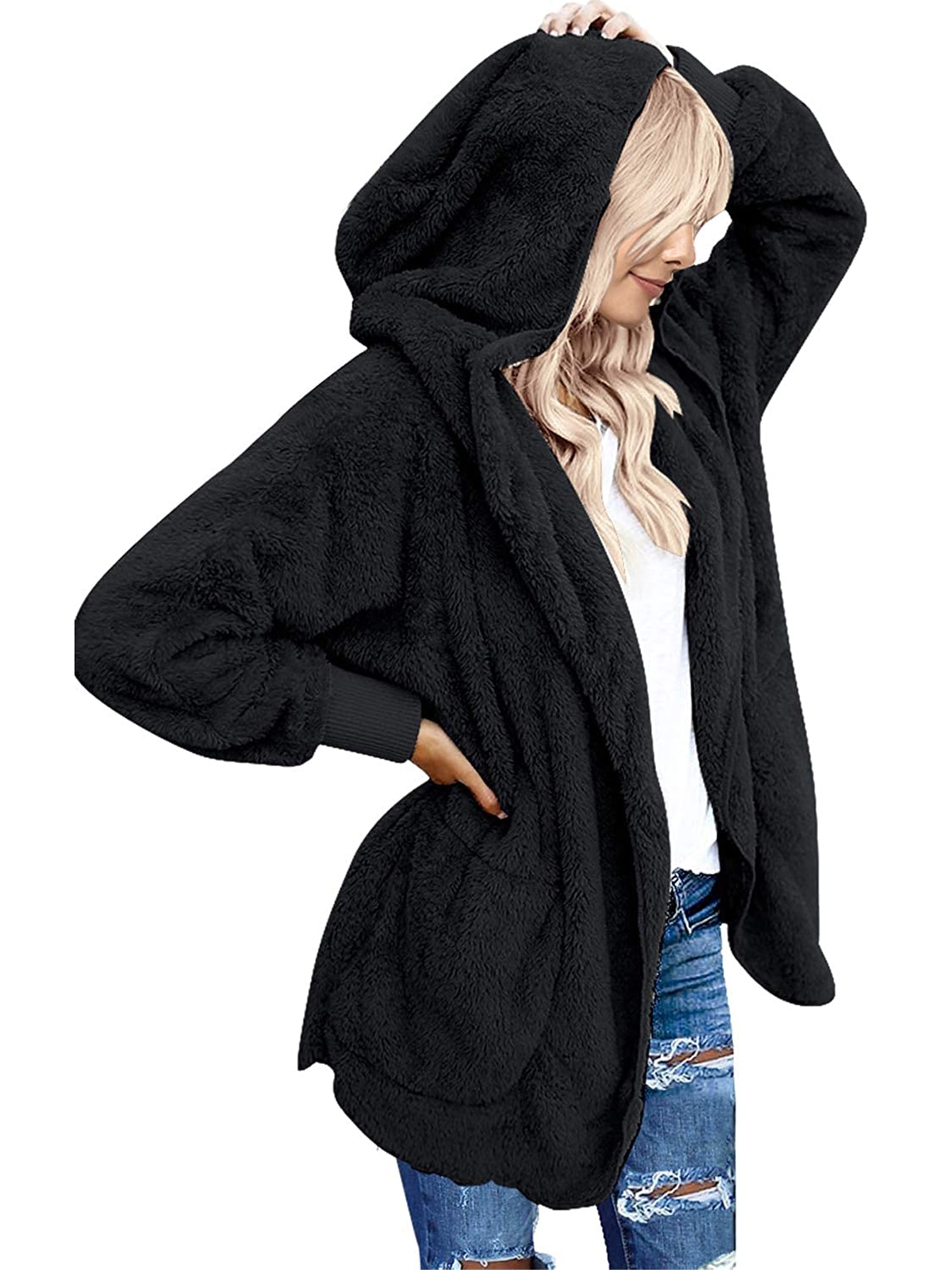 Women Casual Fuzzy Fleece Hooded Cardigan Pocket Open Front Faux Fur Outerwear Coat