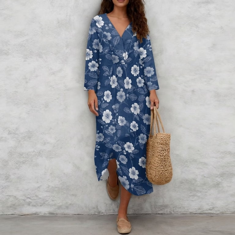 Xoenoiee Blue Daisy Flower Print Women's Summer Midi Dress 3/4 Sleeve Casual Cotton Linen Sleeveless Dresses Flowy Loose Vacation Sundress, 5XL