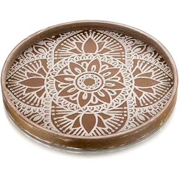 Round Decorative Tray for Centerpiece: Boho Coffee Table Trays for Home Decor - Farmhouse Wood Serving Platter Rustic Circle Bohemian for Kitchen Counter Women