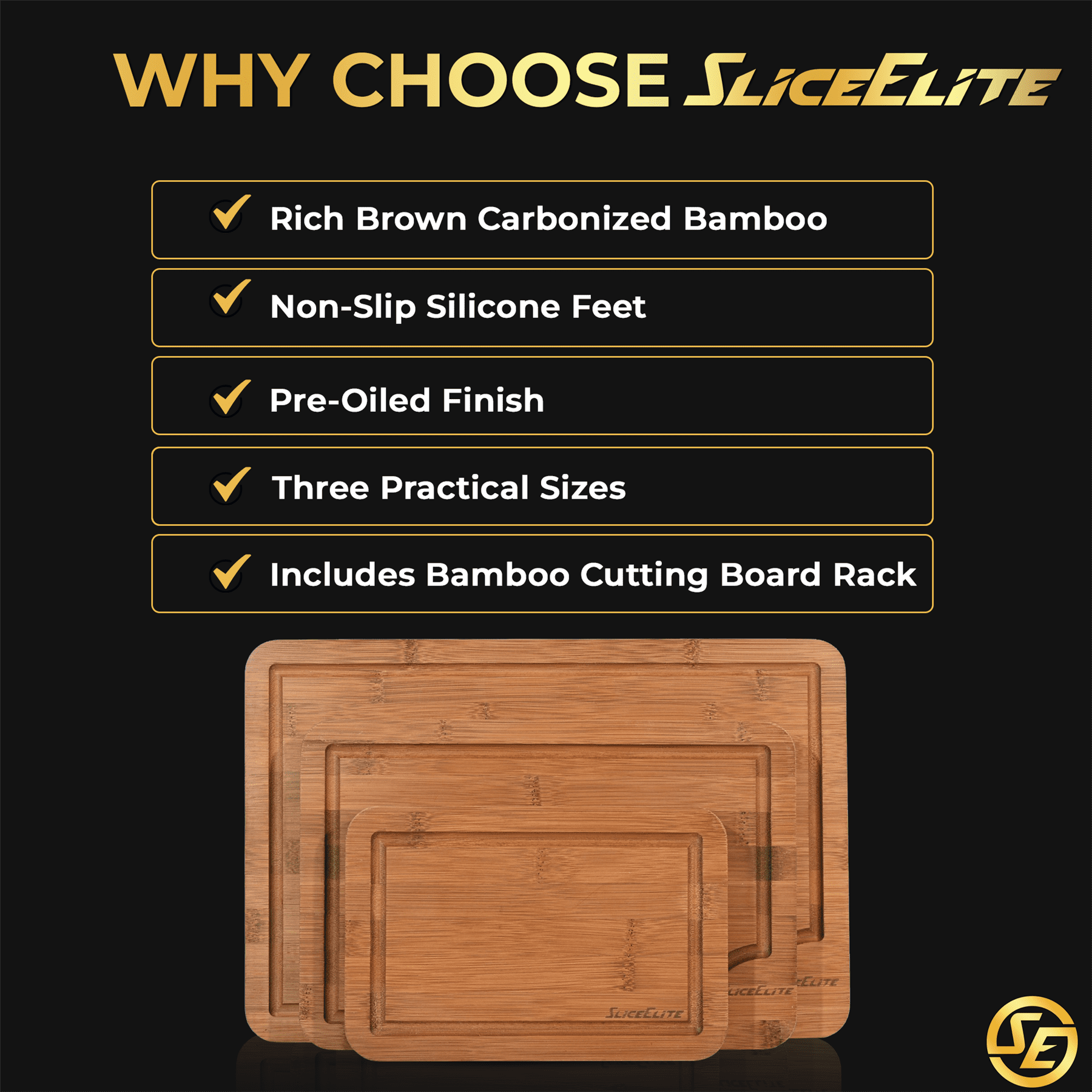SliceElite Rich Brown Carbonized Bamboo Cutting Board Set 3 Piece Kitchen Boards