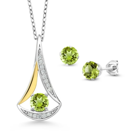 Gem Stone King 1.74 Cttw Green Peridot and White Lab Grown Diamond 925 Silver and 10K Yellow Gold Pendant and Earrings Jewelry Set for Women | Round 5MM | With 18 inch Silver Chain
