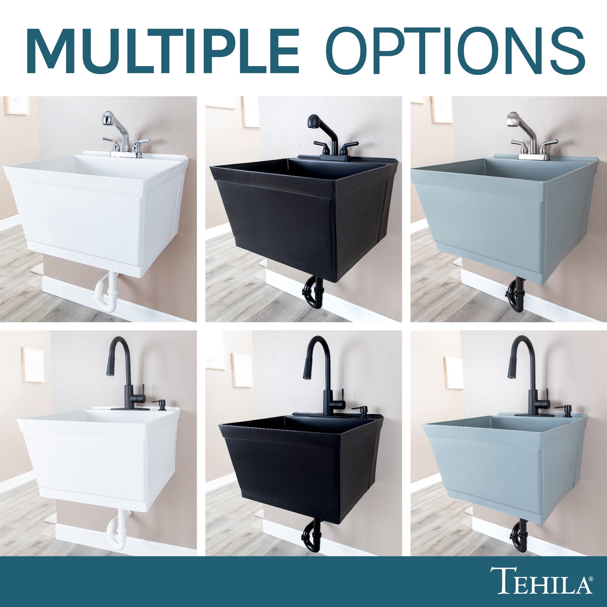 Tehila Wall Mounted White Utility Sink with Chrome Finish Pull-out Faucet