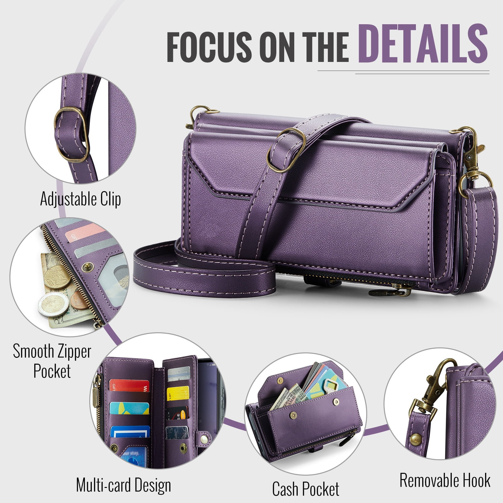 Compatible with Samsung Galaxy S25 Ultra 5G Zipper Wallet Phone Case Tempered Glass Screen Protector Crossbody Lanyard Strap Flip Card Holder Slot Cell Cover for S25Ultra 25S S 25 Women Girls Purple
