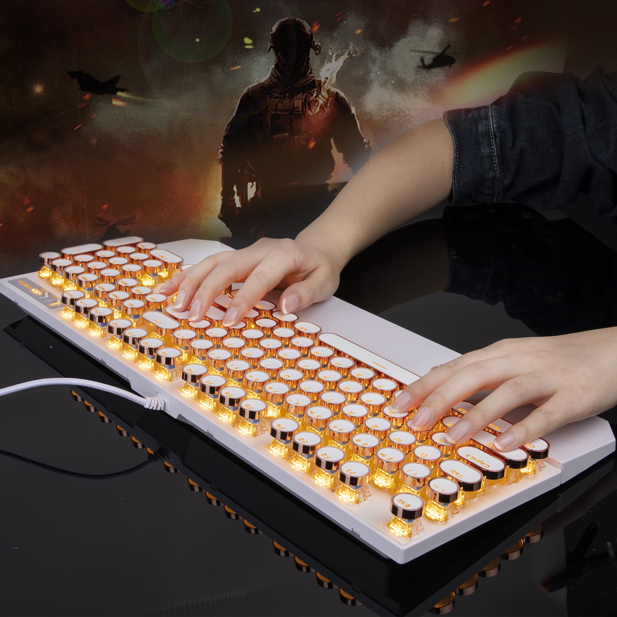 MageGee Typewriter Mechanical Gaming Keyboard, Retro Gold Punk Round Keycap LED Backlit USB Wired Keyboards for Game and Office, for Windows Laptop PC Mac - Blue Switches