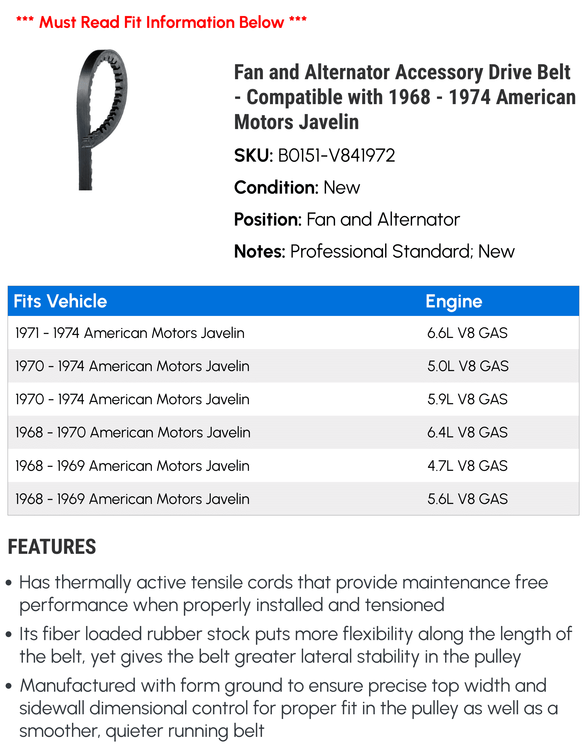 Fan and Alternator Accessory Drive Belt - Compatible with 1968 - 1974 American Motors Javelin - AC Delco