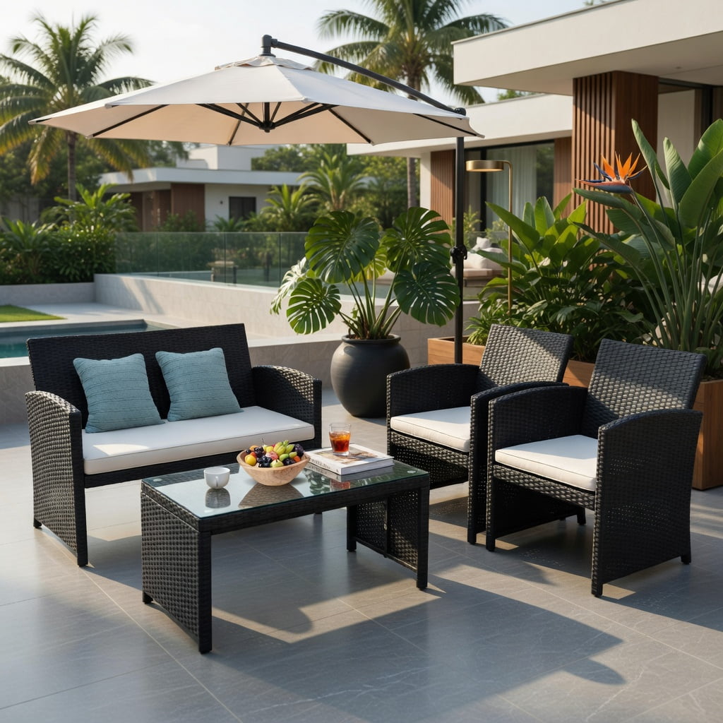 Hommoo 4-Piece All-Weather Wicker Patio Furniture Set, PE Rattan Loveseat & Single Sofas with Tempered Glass Coffee Table and Removable Cushions, White