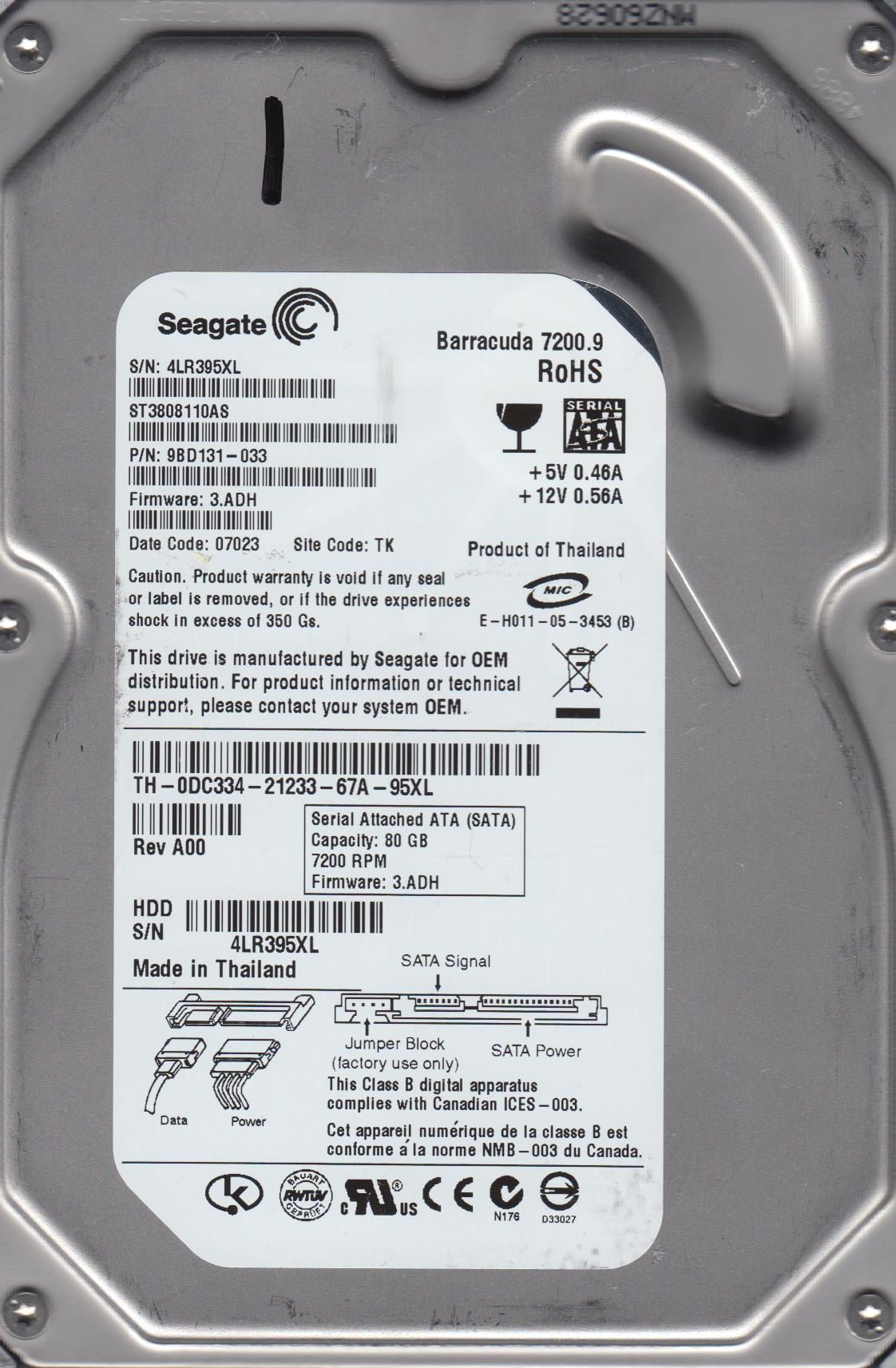 ST3808110AS, 4LR, TK, PN 9BD131-033, FW 3.ADH, Seagate 80GB SATA 3.5 ...