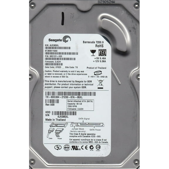 ST3808110AS, 4LR, TK, PN 9BD131-033, FW 3.ADH, Seagate 80GB SATA 3.5 Hard Drive