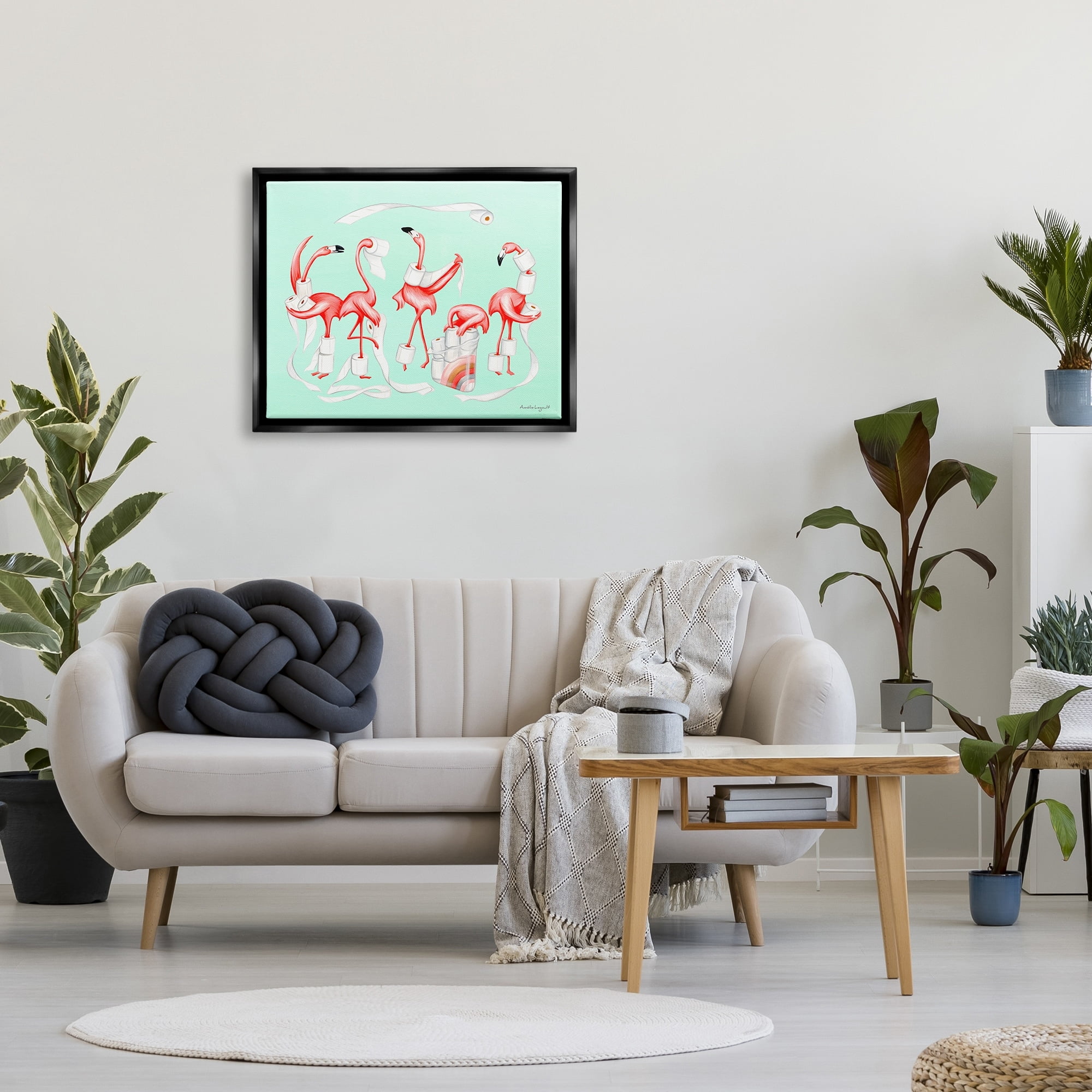 Stupell Industries Silly Flamingos Toilet Paper Rolls Bathroom Illustration Graphic Art Jet Black Floating Framed Canvas Print Wall Art, Design by Amelie Legault