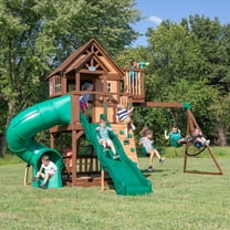 Backyard Discovery Skyfort II Cedar Wood Swing Set, Spiral Tube Slide, Clubhouse