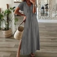 thumbnail image 2 of Admvng Dresses for Women Fashion V-Neck Loose Short Sleeve Solid Loose Split Long Vacation Dress S-2XL, 2 of 5