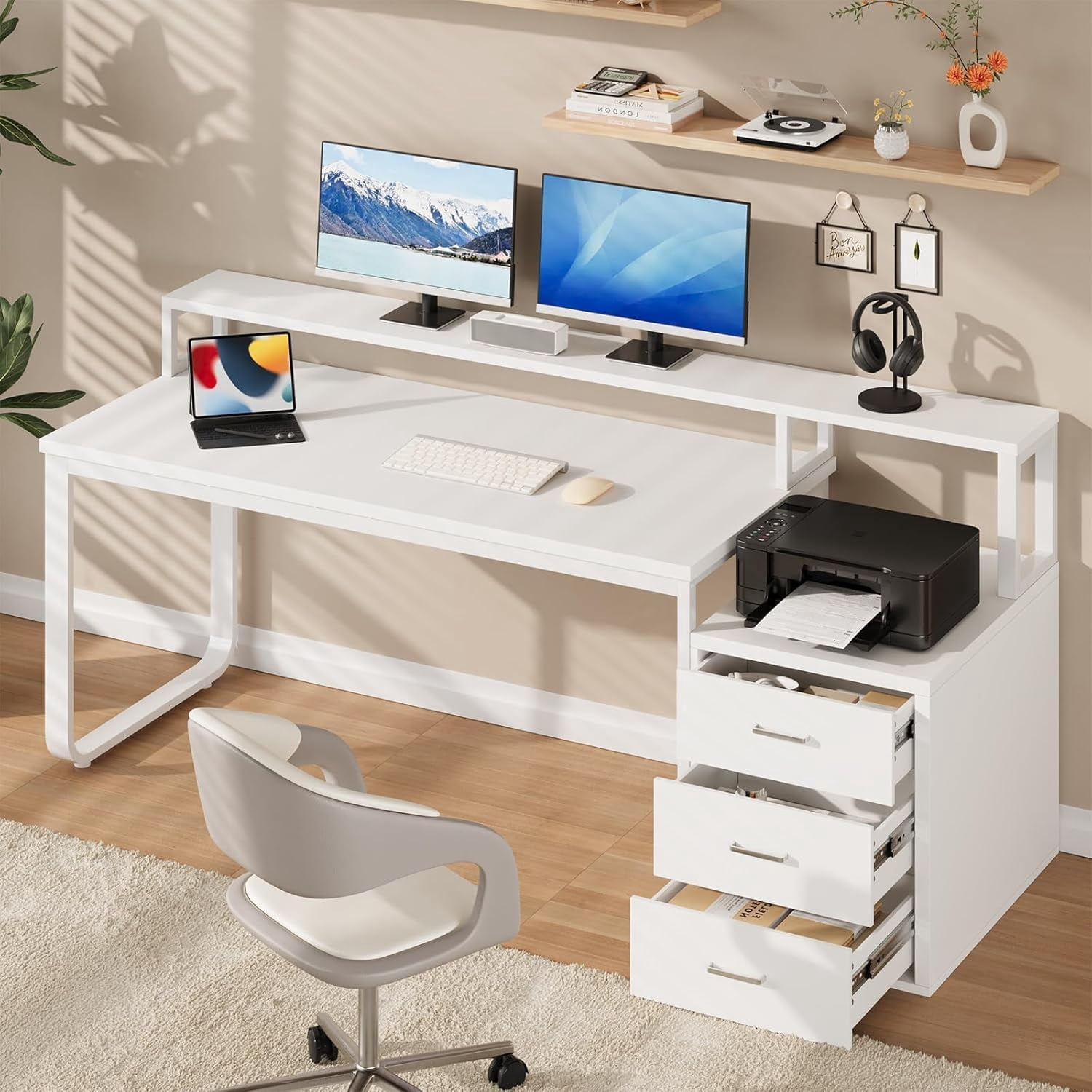 DreamCurship 67 inch White Desk with Monitor Stand, Computer Desk with Adjustable LED Light, Reversible Home Office Desk with 3 Storage Drawers, White